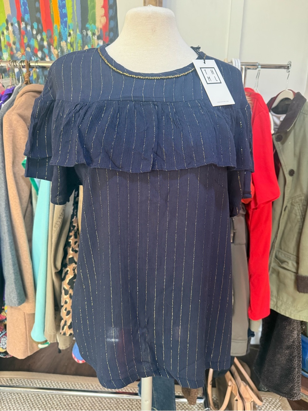 THML Navy Metallic-Stripe Ruffle Yoke Blouse